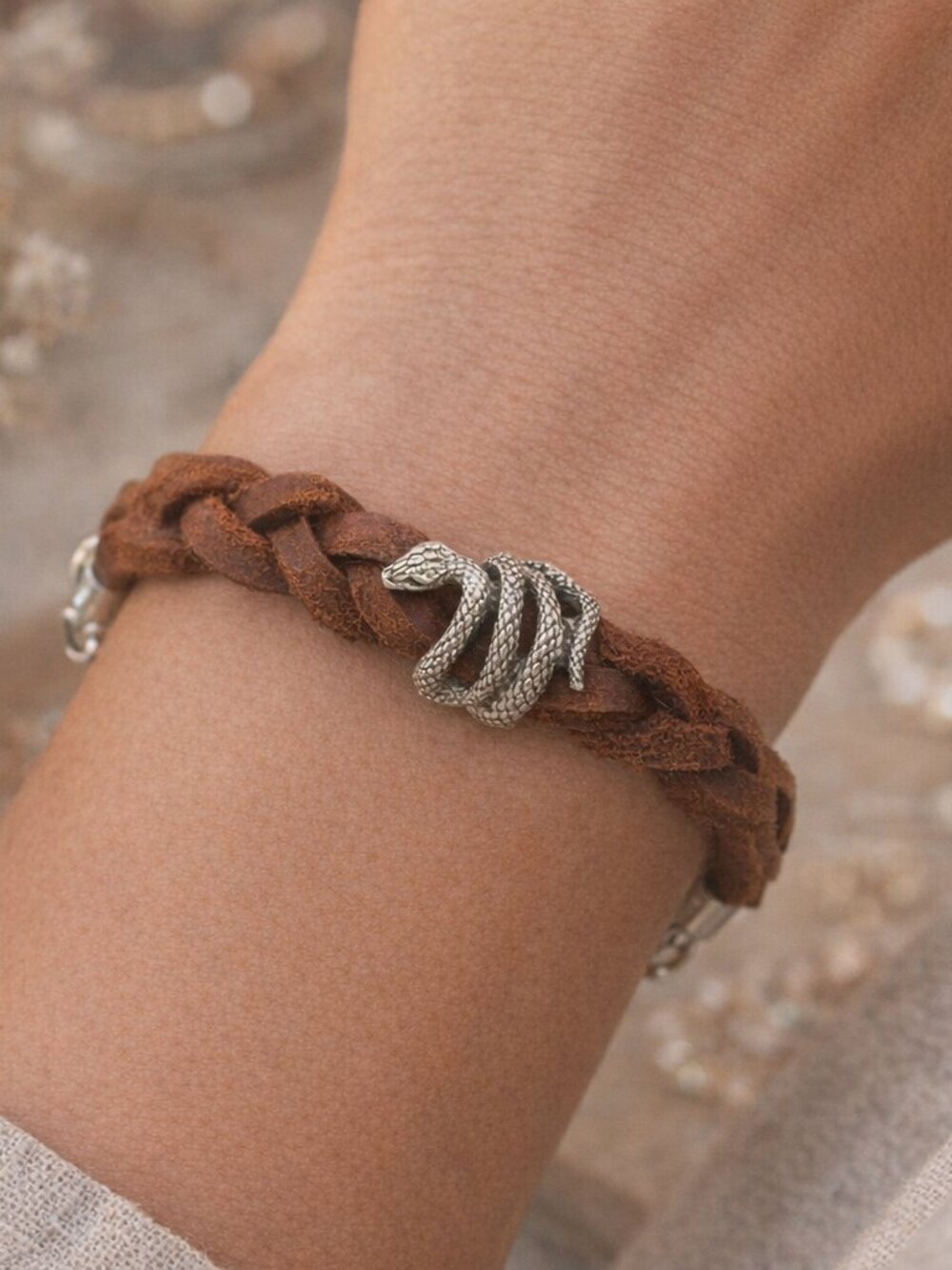 Handmade Genuine Leather Braided Bracelet with Silver Snake Charm